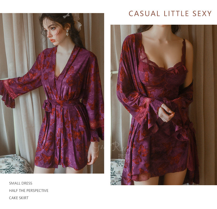 DZ Gorgeous Sexy Backless Nightdress Pure Desire Sweet Butterfly Print with Chest Pads Sleepwear Robe Women's Set QJ5286