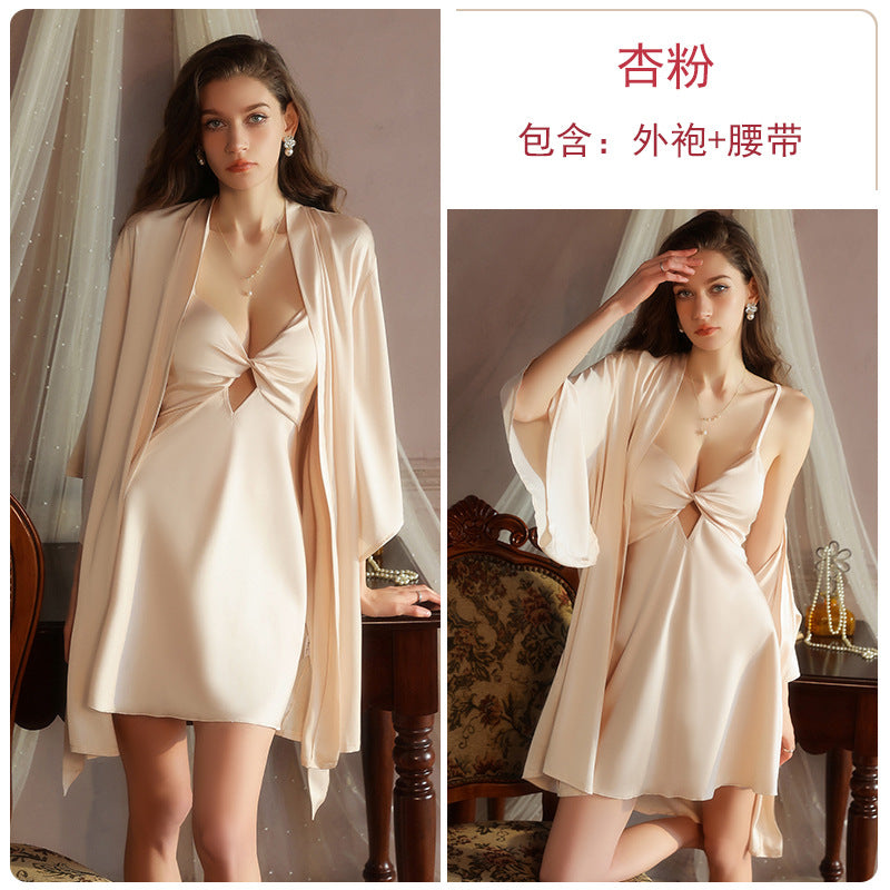 DZ Graceful Lady Sweet Light Luxury Satin Lingerie Passionate Hot Chest Pad Backless Nightdress Robe Set5591