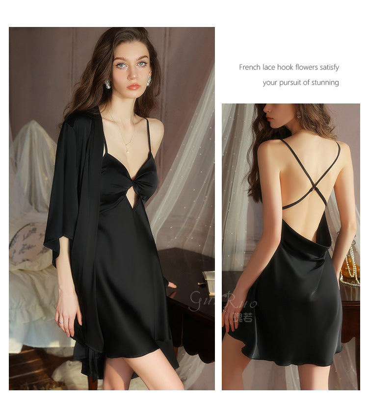 DZ Graceful Lady Sweet Light Luxury Satin Lingerie Passionate Hot Chest Pad Backless Nightdress Robe Set5591