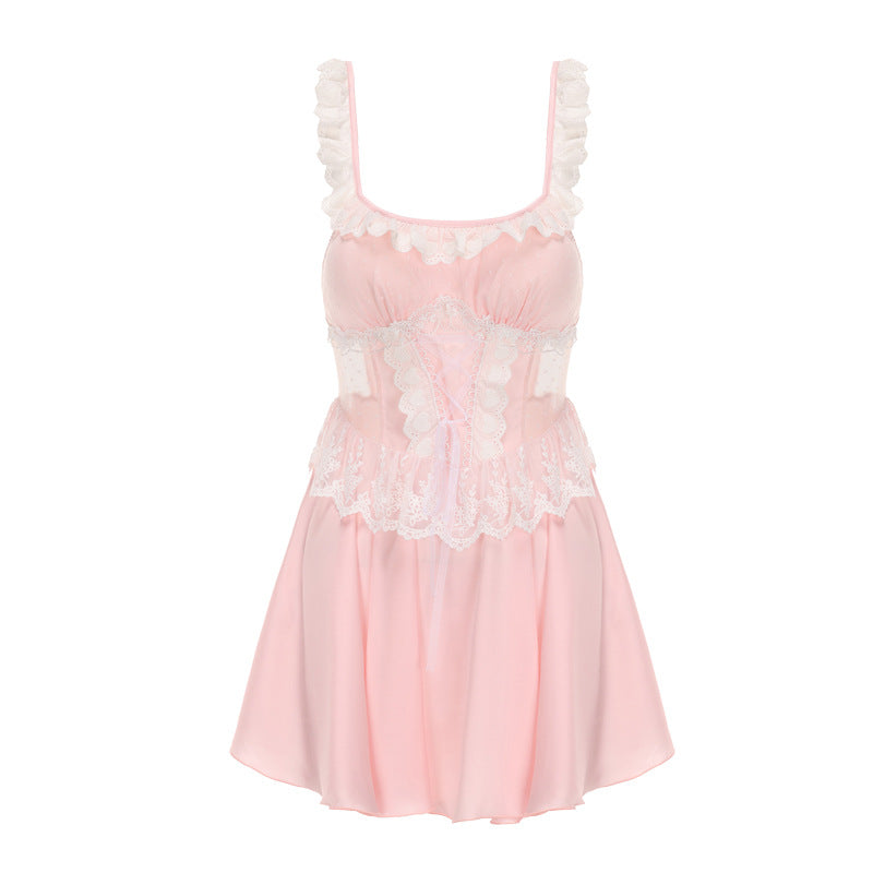 DZ Luxurious Plus Size Satin Nightgown Deep V Backless Pure Desire Sweet Nightdress with Chest Pads Home Set5395