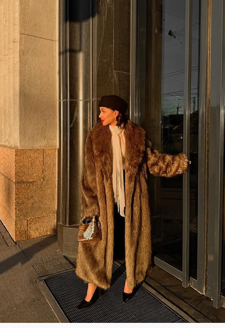 Apricot Red Long Coat New Fur Shearling Jacket Brown Coffee Color Thickened Winter Warm Outerwear Extra Long