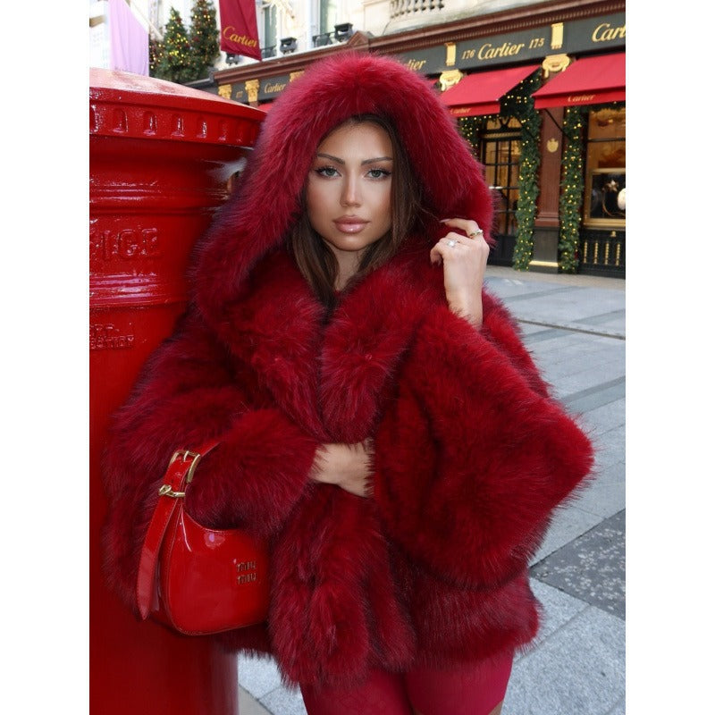 Solid Color Hooded Fur Coat Cross-Border European and American Style Eye-Catching Warm Comfortable Fashionable Fur