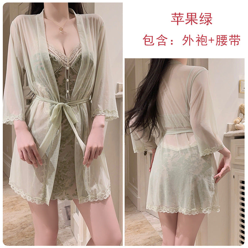 DZ Rose-like Deep V Padded Sleepwear Sweet Lazy Mesh Sexy Velvet Nightdress Robe Home Set C5928