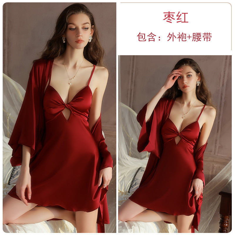 DZ Graceful Lady Sweet Light Luxury Satin Lingerie Passionate Hot Chest Pad Backless Nightdress Robe Set5591