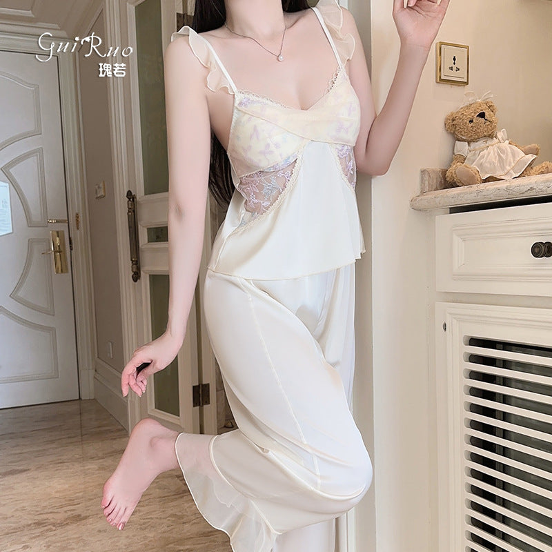 Rose-like Deep V Push-Up Padded Ice Silk Lingerie Passionate Temptation Mesh Camisole Long and Short Pants Three-Piece Set5259
