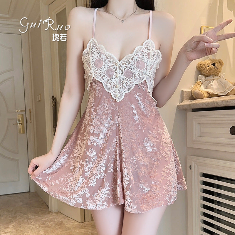 DZ Gorgeous Sexy Jacquard Velvet Pajamas Light Luxury Temptation with Chest Pads Deep V Backless Nightdress Homewear Set5756