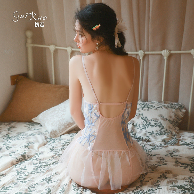 DZ Magnificent and Sensual Lingerie Sexy Deep V Backless Hot Gathered Underwire See-through Mesh One-piece Set5242