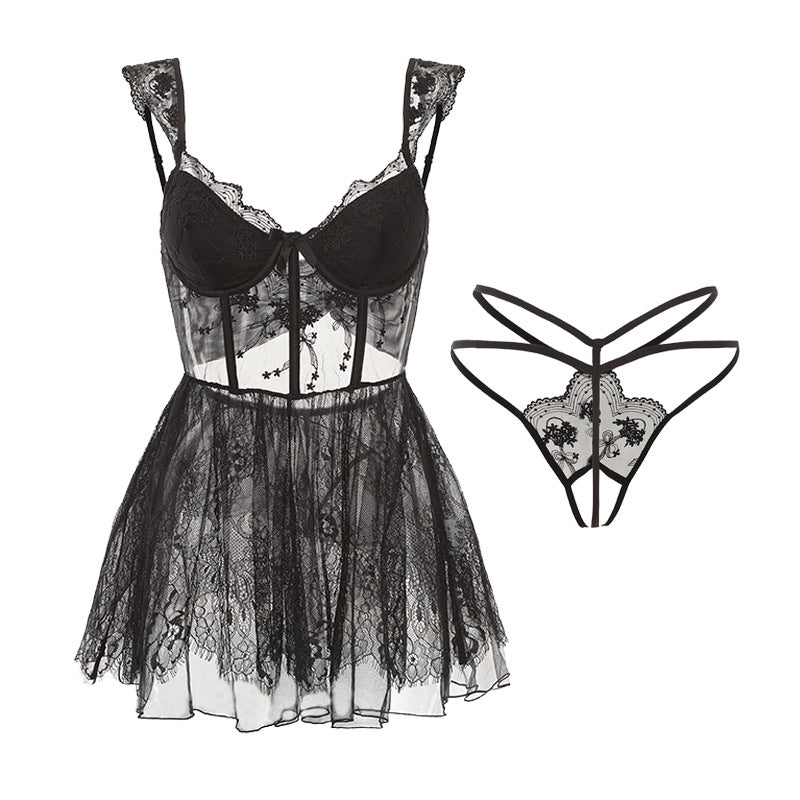 DZ Gueruo Brand Sexy Lingerie Hot and Deep V Backless Pure Desire Lace Nightdress Set with Underwire Bra Pads G5310