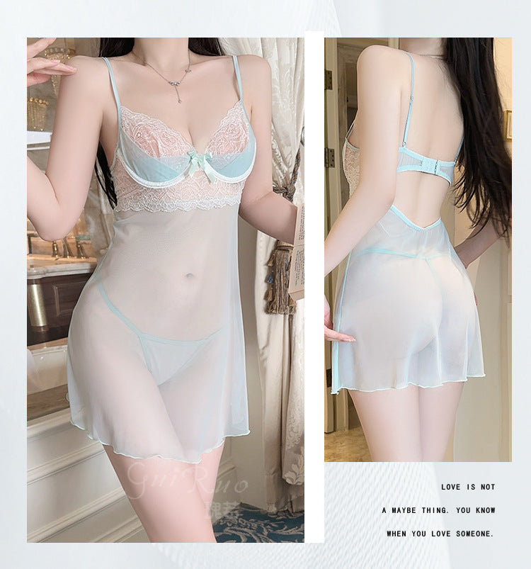 DZ Elegant Women's Lingerie Sweet Temptation Mesh Lace Deep V Underwire Strap Dress Set XK5623