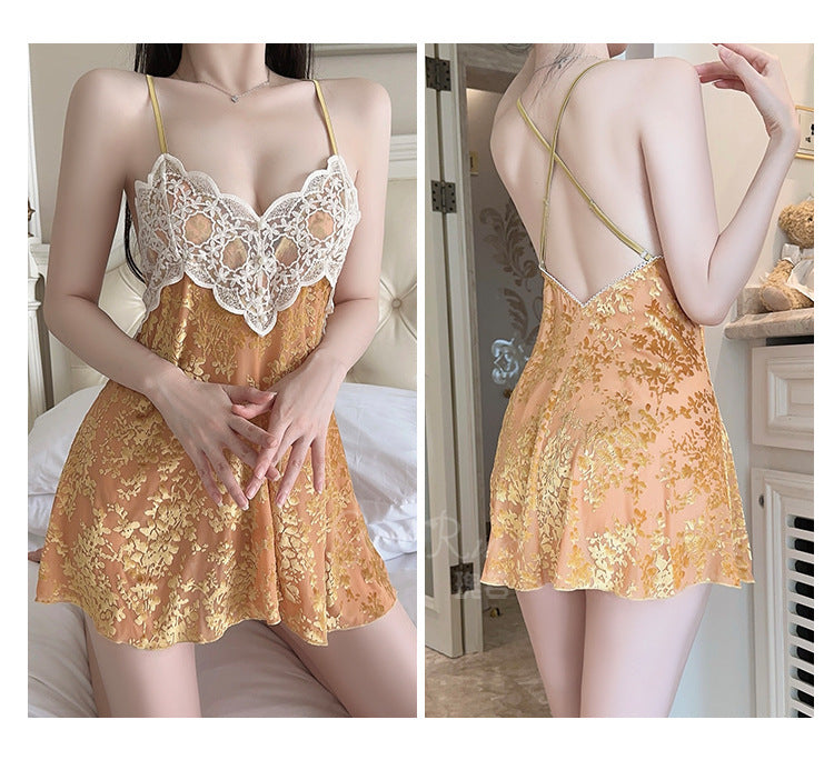 DZ Gorgeous Sexy Jacquard Velvet Pajamas Light Luxury Temptation with Chest Pads Deep V Backless Nightdress Homewear Set5756