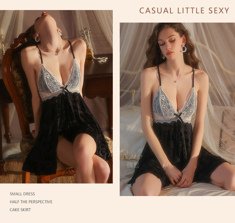 DZ Gorgeous Sexy Hot Backless Velvet Nightdress Passionate Temptation with Chest Pads Plus Size Homewear Set5913