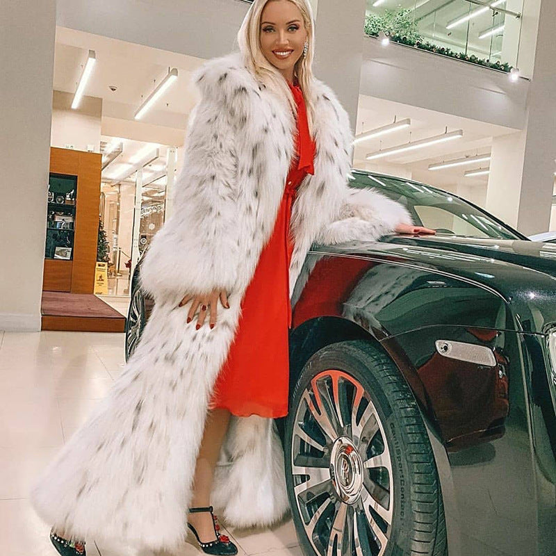 Winter Korean Style Leopard Print Shearling Coat for Women, Long Suit Collar Fox Fur Mink Coat