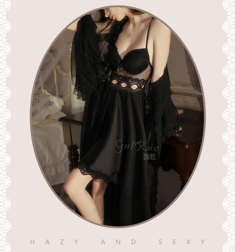 DZ Magnificent Plus Size Pure Desire Ice Silk Underwear Deep V Padded Temptation Lace Nightdress Robe Women's Set XJ5369