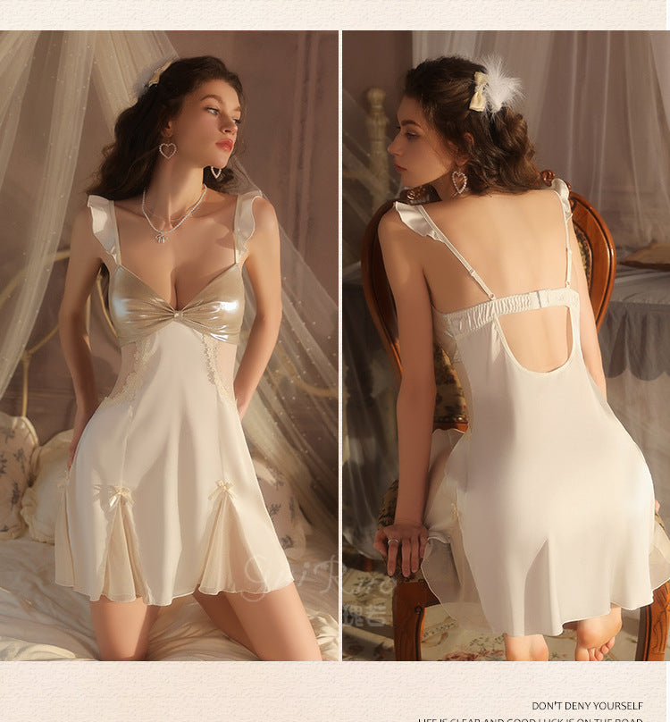 DZ Elegant Women's Light Luxury Smooth Satin Nightgown Deep V Backless Sexy Padded Nightdress Homewear Set C5542