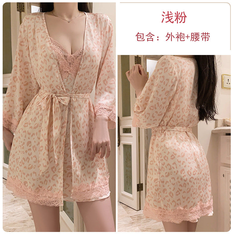 DZ Luxurious and Sexy Nightdress with Chest Pads, Sweet Ice Silk Nightgown and Robe Home Set4905