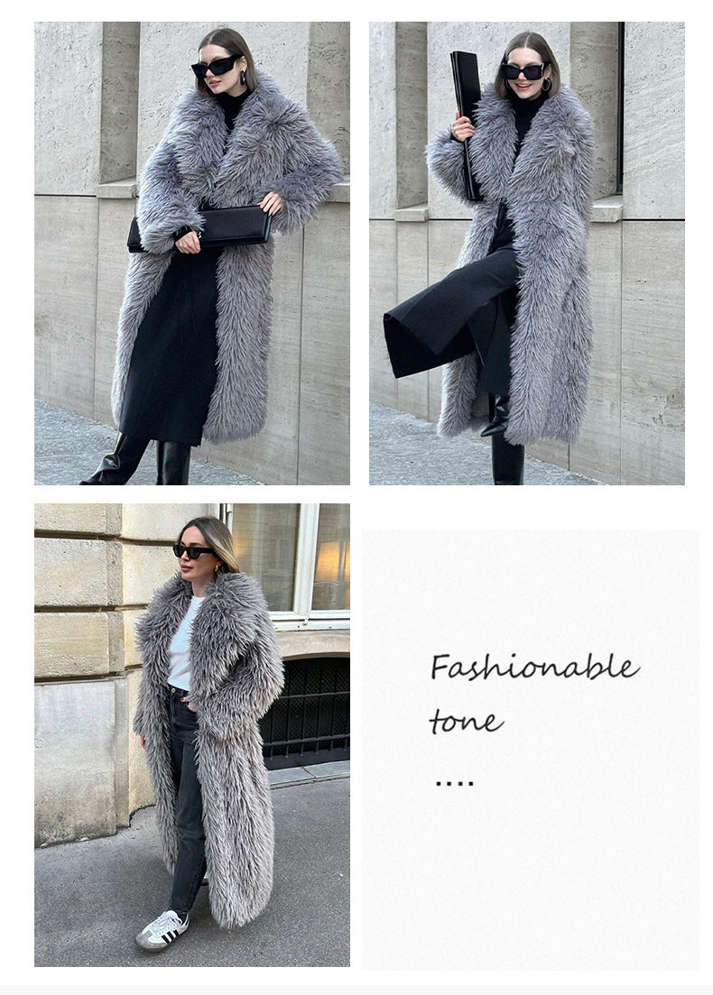 Long Fur Coat Long Hair Fur Winter Warm European and American Style Turn-Down Collar High-End Jacket