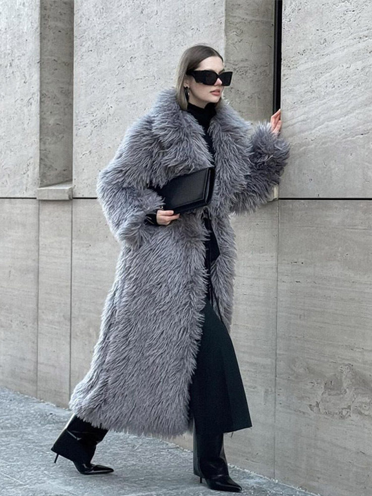 Long Fur Coat Long Hair Fur Winter Warm European and American Style Turn-Down Collar High-End Jacket