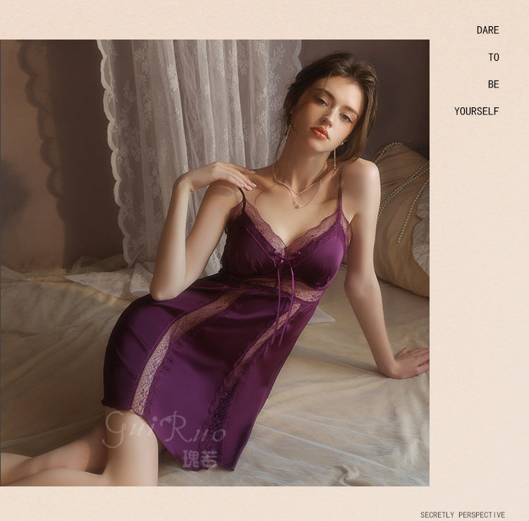 DZ Elegant Plus Size Women's Ice Silk Nightgown Deep V Gathered Padded Pure Desire Lace Nightdress and Robe Set5237