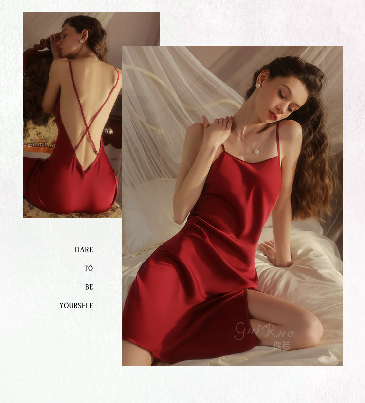 DZ Gorgeous Hot Lace-Up Backless Nightdress Sexy Temptation Slit Pure Desire Silky Satin Camisole Dress Set5606