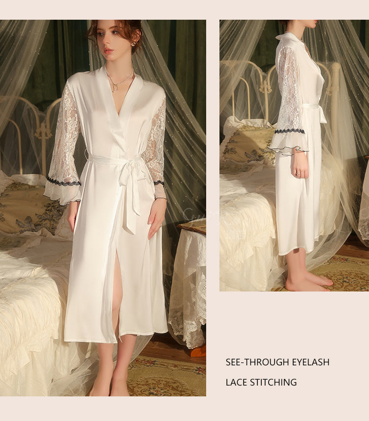 DZ Guiruo Brand Light Luxury Satin Nightgown Sweet See-through Lace Decoration Sexy Lace-up Robe Women's Set5471
