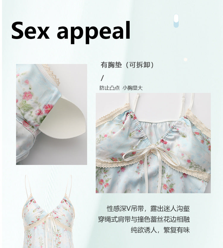 DZ Graceful New Luxury Silky Satin Printed Nightdress Sexy Temptation with Chest Pads Plus Size Set5298