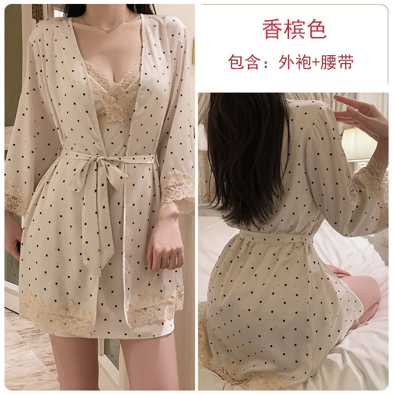 DZ Luxurious and Sexy Nightdress with Chest Pads, Sweet Ice Silk Nightgown and Robe Home Set4905