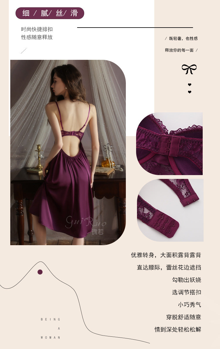 DZ Gorgeous Sexy Satin Nightdress Light Luxury Sweet Lace Deep V Gathered Padded Nightdress and Robe Set5045