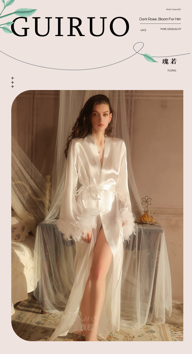 DZ Gorgeous Plus Size Ice Silk Temptation Nightgown Sexy Hot Waist-Cinching Lazy Deep V Open-front Robe Women's Set5711