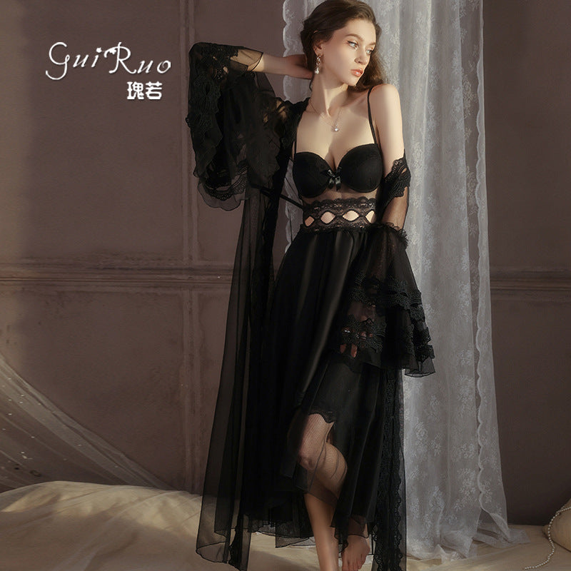 DZ Magnificent Plus Size Pure Desire Ice Silk Underwear Deep V Padded Temptation Lace Nightdress Robe Women's Set XJ5369