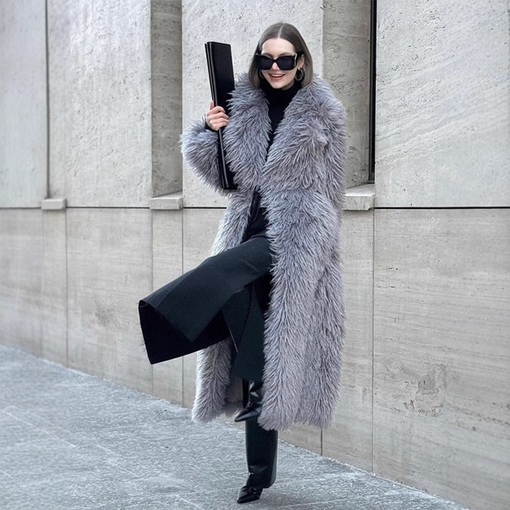 Long Fur Coat Long Hair Fur Winter Warm European and American Style Turn-Down Collar High-End Jacket