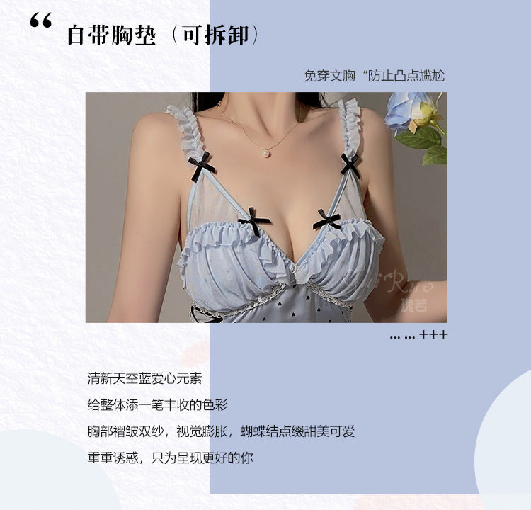 DZ Gorgeous Sexy Temptation Padded Bra Transparent Mesh Smooth Ice Silk Camisole Nightdress Deep V Suit P4848