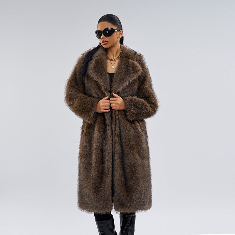 Cross-Border Source Autumn Winter New Fur Long Coat Fashionable Women's Casual Coat