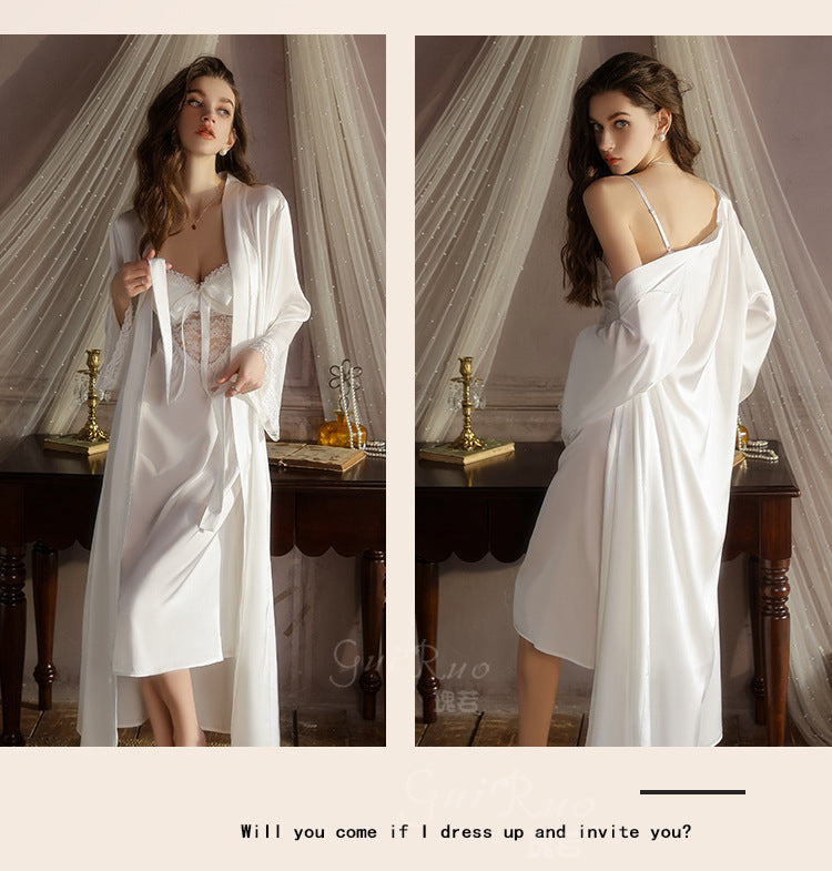 DZ Gorgeous Sexy Satin Nightdress Light Luxury Sweet Lace Deep V Gathered Padded Nightdress and Robe Set5045