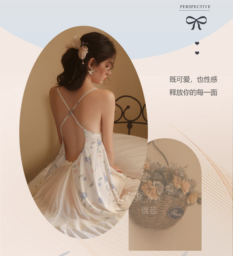 DZ Gorgeous Pure Desire Printed Satin Nightdress Passionate Hot Backless Sexy Open Front Plus Size Camisole Dress Set5140