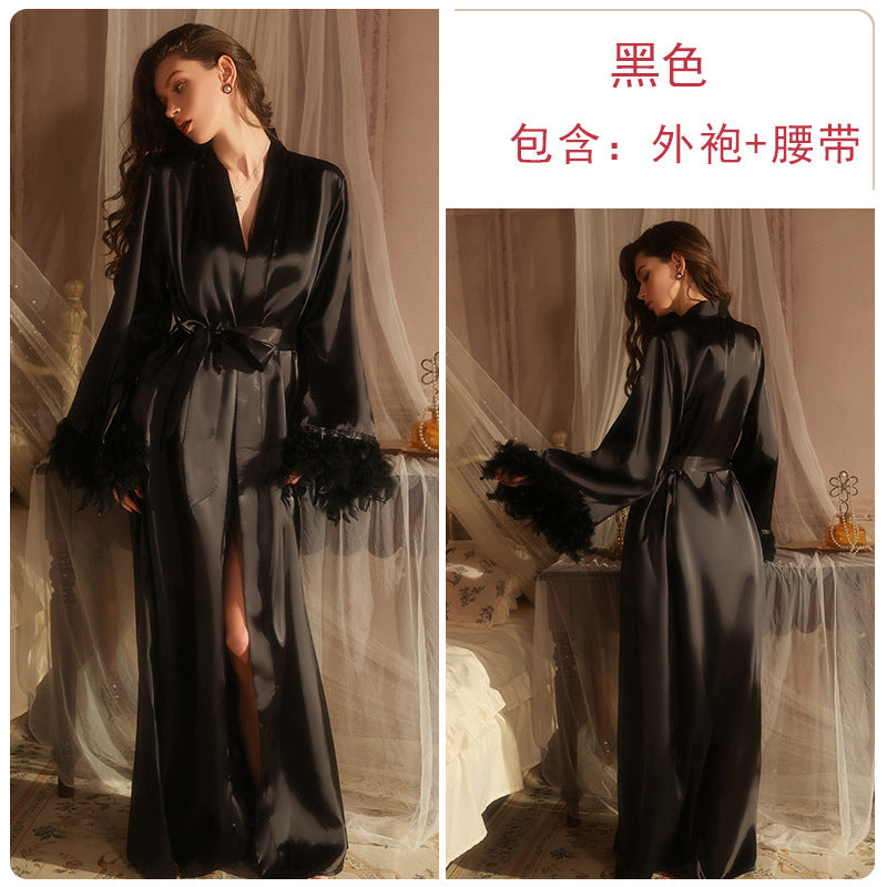 DZ Gorgeous Plus Size Ice Silk Temptation Nightgown Sexy Hot Waist-Cinching Lazy Deep V Open-front Robe Women's Set5711