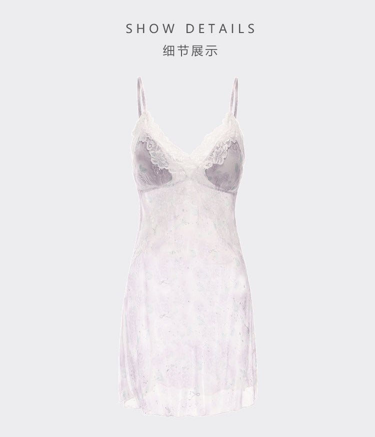 DZ Rose-like Deep V Padded Bra Sweet Sheer Chiffon Pure Desire Lace Camisole Nightdress Homewear Set4903