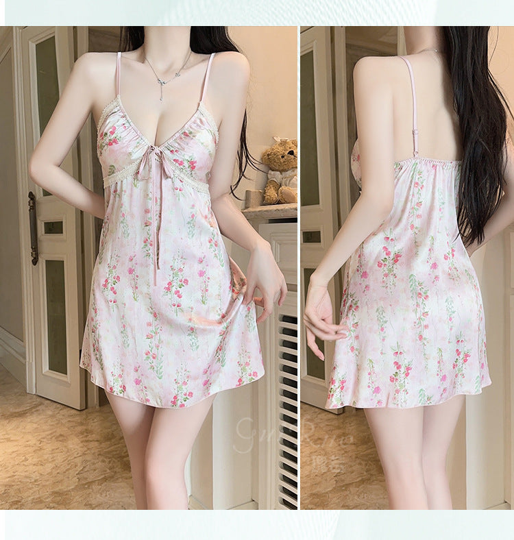 DZ Graceful New Luxury Silky Satin Printed Nightdress Sexy Temptation with Chest Pads Plus Size Set5298