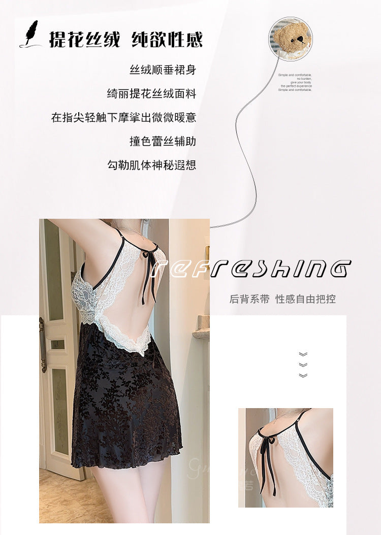 DZ Gorgeous Passionate Hot Backless Nightdress Sexy Push-Up with Chest Pads Sweet Jacquard Velvet Nightgown Set5838