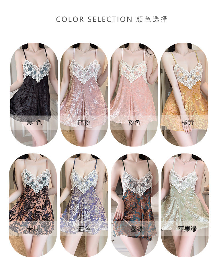 DZ Gorgeous Sexy Jacquard Velvet Pajamas Light Luxury Temptation with Chest Pads Deep V Backless Nightdress Homewear Set5756