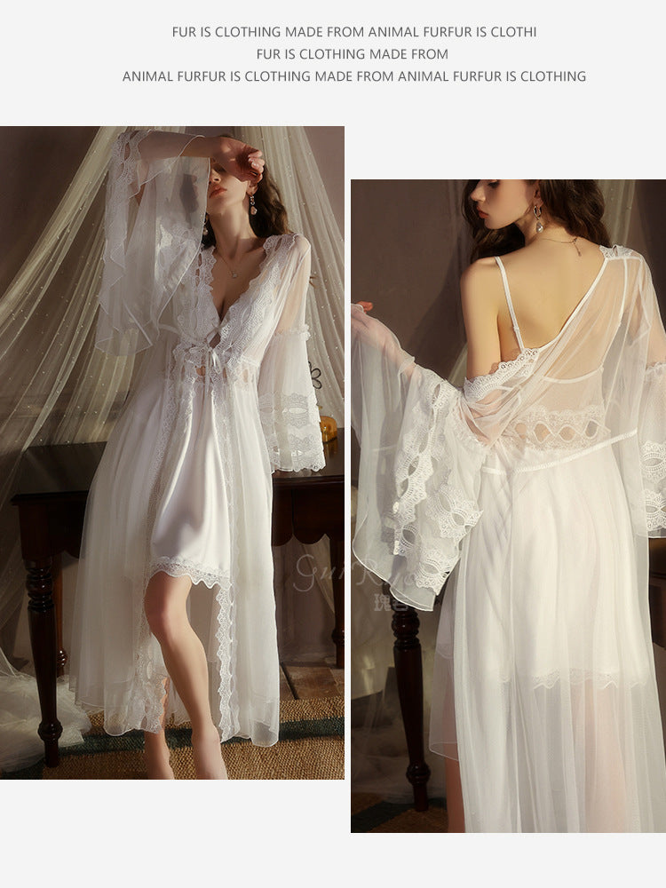 DZ Magnificent Plus Size Pure Desire Ice Silk Underwear Deep V Padded Temptation Lace Nightdress Robe Women's Set XJ5369