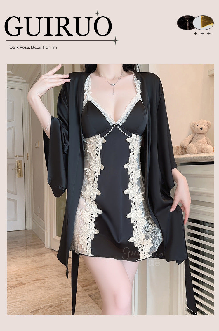 DZ Gorgeous Sexy Padded Nightdress Passionate Deep V Backless Light Luxury Satin Plus Size Nightdress and Robe Set A5271
