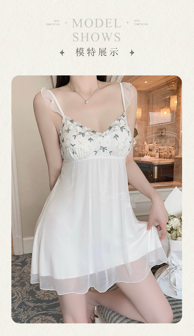 DZ Gorgeous Sexy Nightdress Passionate Temptation with Chest Pads Hot See-through Chiffon Lace Nightgown Robe Set5148