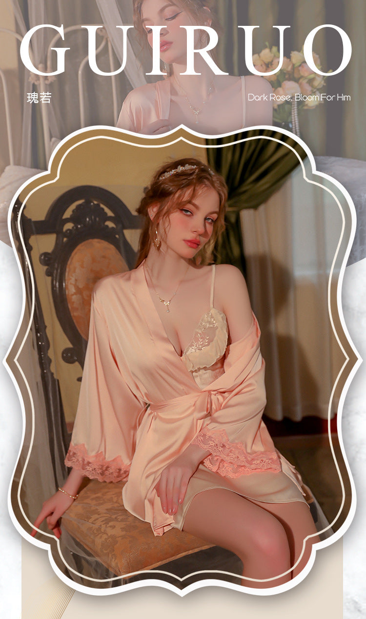 DZ Gorgeous Sexy Palace Style Padded Strap Nightdress Lace Robe Pure Desire Women's Homewear Set J2708