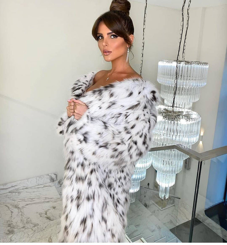 Winter Korean Style Leopard Print Shearling Coat for Women, Long Suit Collar Fox Fur Mink Coat