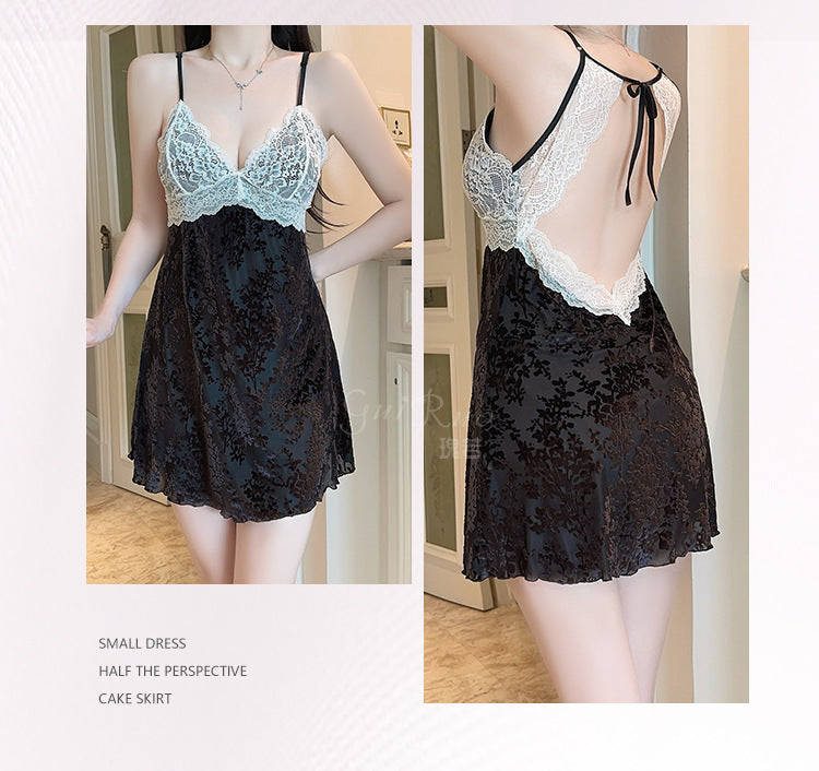 DZ Gorgeous Passionate Hot Backless Nightdress Sexy Push-Up with Chest Pads Sweet Jacquard Velvet Nightgown Set5838