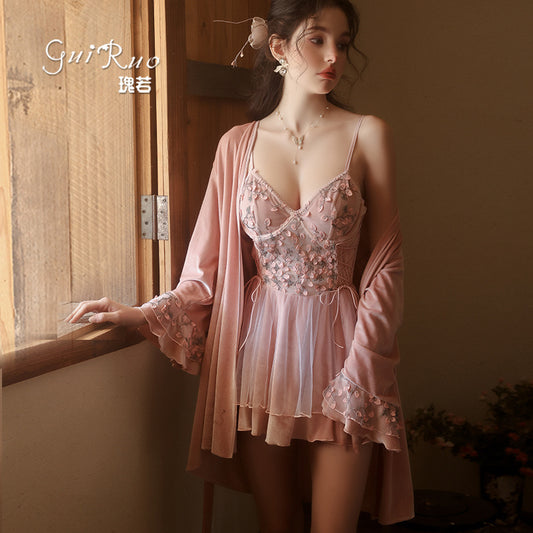 DZ Gorgeous Sexy Backless Temptation Velvet Sweet Underwire Gathered Camisole Nightdress Robe Loungewear C5240