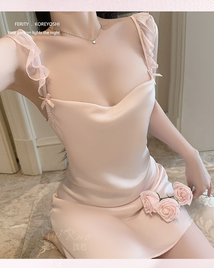 DZ Gorgeous Passionate Hot Backless Nightdress Pure Desire Sexy Waist-Cinching Deep V Ice Silk Nightdress Set with Chest Pads5262