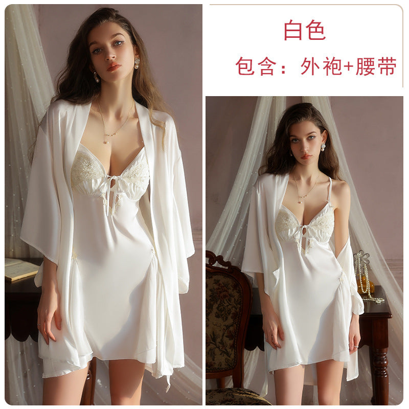 DZ Luxurious Plus Size Light Luxury Ice Silk Lingerie Passionate Hot Backless Padded Nightdress Robe Homewear Set4940