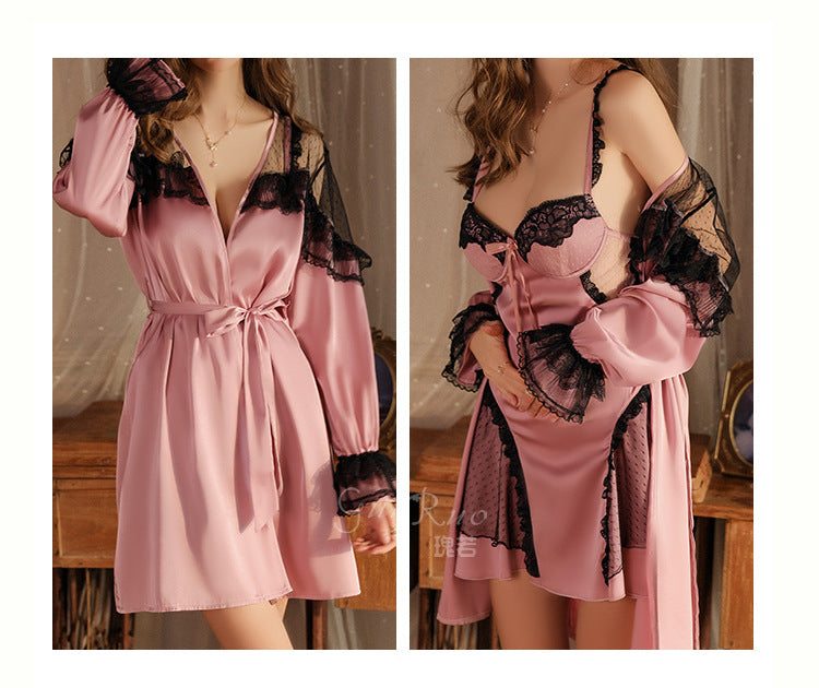 DZ Gorgeous Sexy Backless Temptation Nightdress with Chest Pads Pure Desire Lace Robe Plus Size Loungewear Set P4000