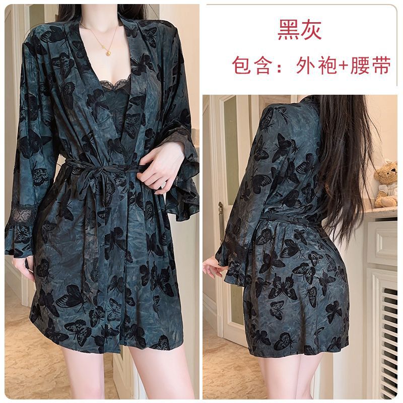 DZ Gorgeous Sexy Backless Nightdress Pure Desire Sweet Butterfly Print with Chest Pads Sleepwear Robe Women's Set QJ5286
